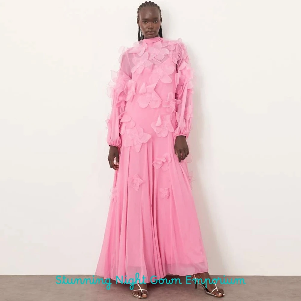 Fashion Chiffon Evening Dress High Collar Long Sleeves Customized Bespoke Occasion Gowns Delicate 3D Flowers Celebrity Gowns image 5