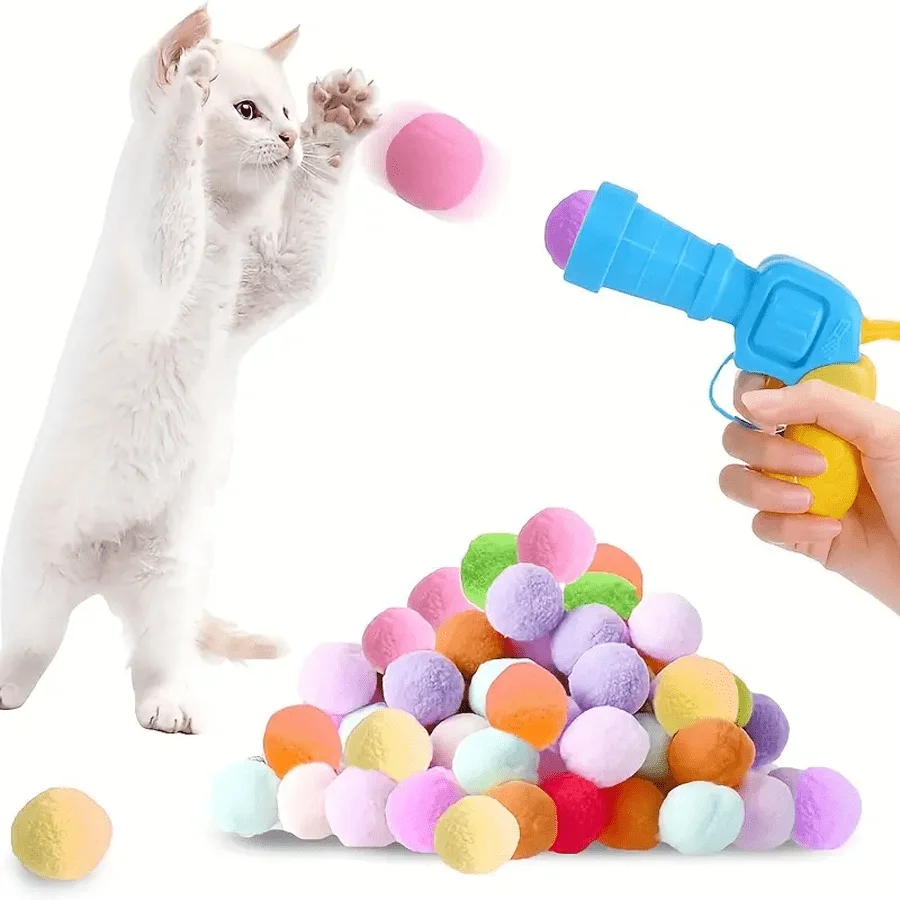 Juego de juguetes interactivos para gatos con lanzador, incluye un lanzador y 20/50 bolas de pelota (el número de bolas puede tener un error de 1 a 2 unidades). ), adecuado para gatos de interior, es un juguete deportivo para gatos que promueve el amor y la confianza entre el dueño y el gato, el color es aleatorio