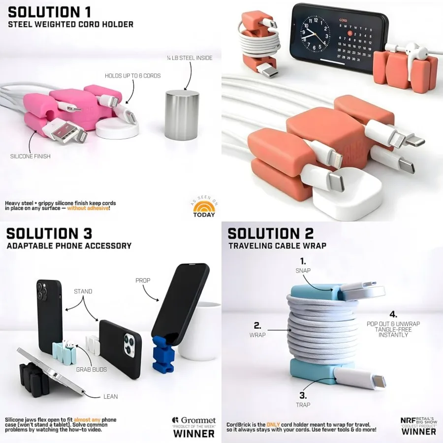 

4PK Silicone and Steel Weighted Cord Holders for Bedside. Travel Phone Cable Organizers. Multiuse iPhone Accessories. Small Gif