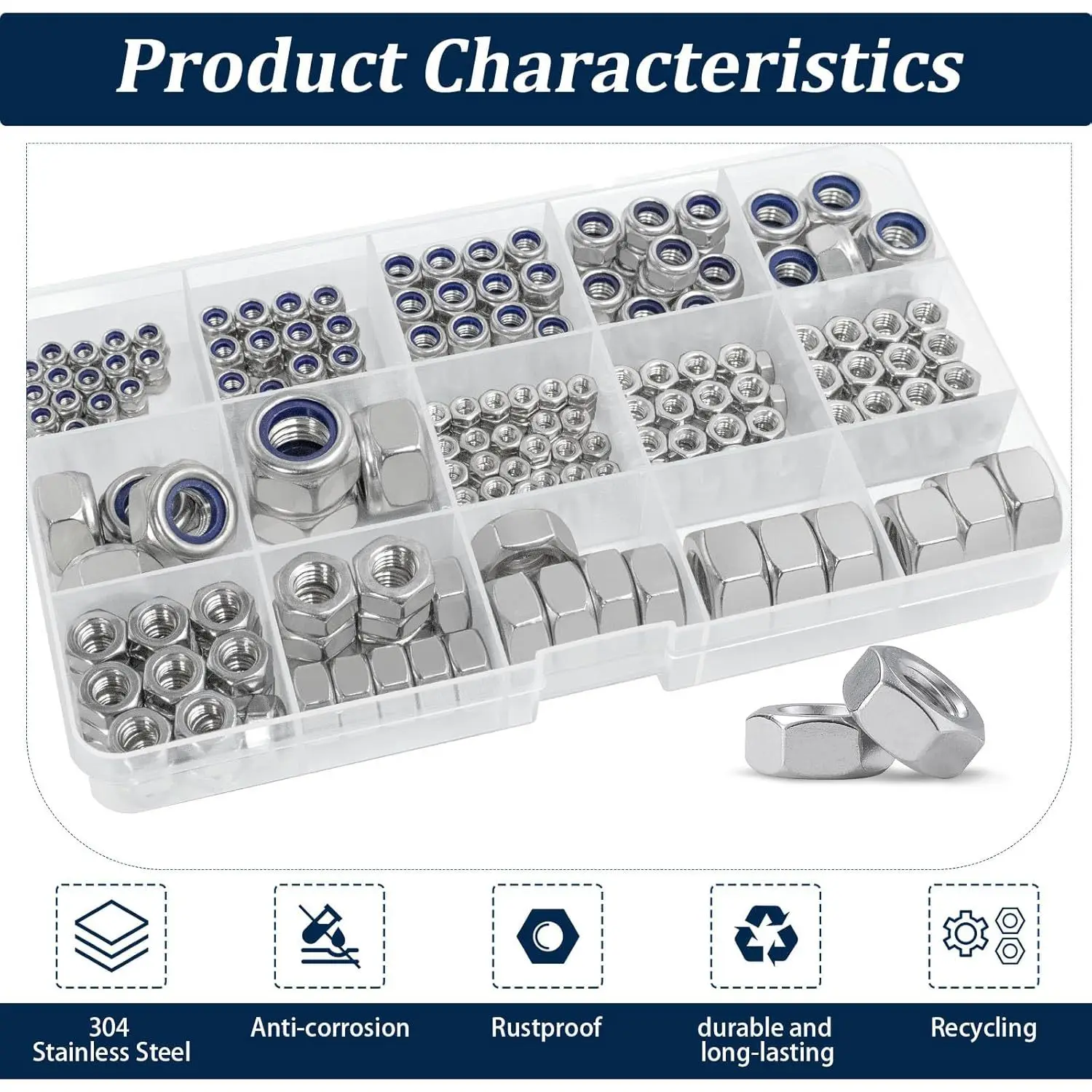 360 Uds 304 Material M3-M12 tuerca hexagonal métrica y kit de combinación de tuerca de bloqueo