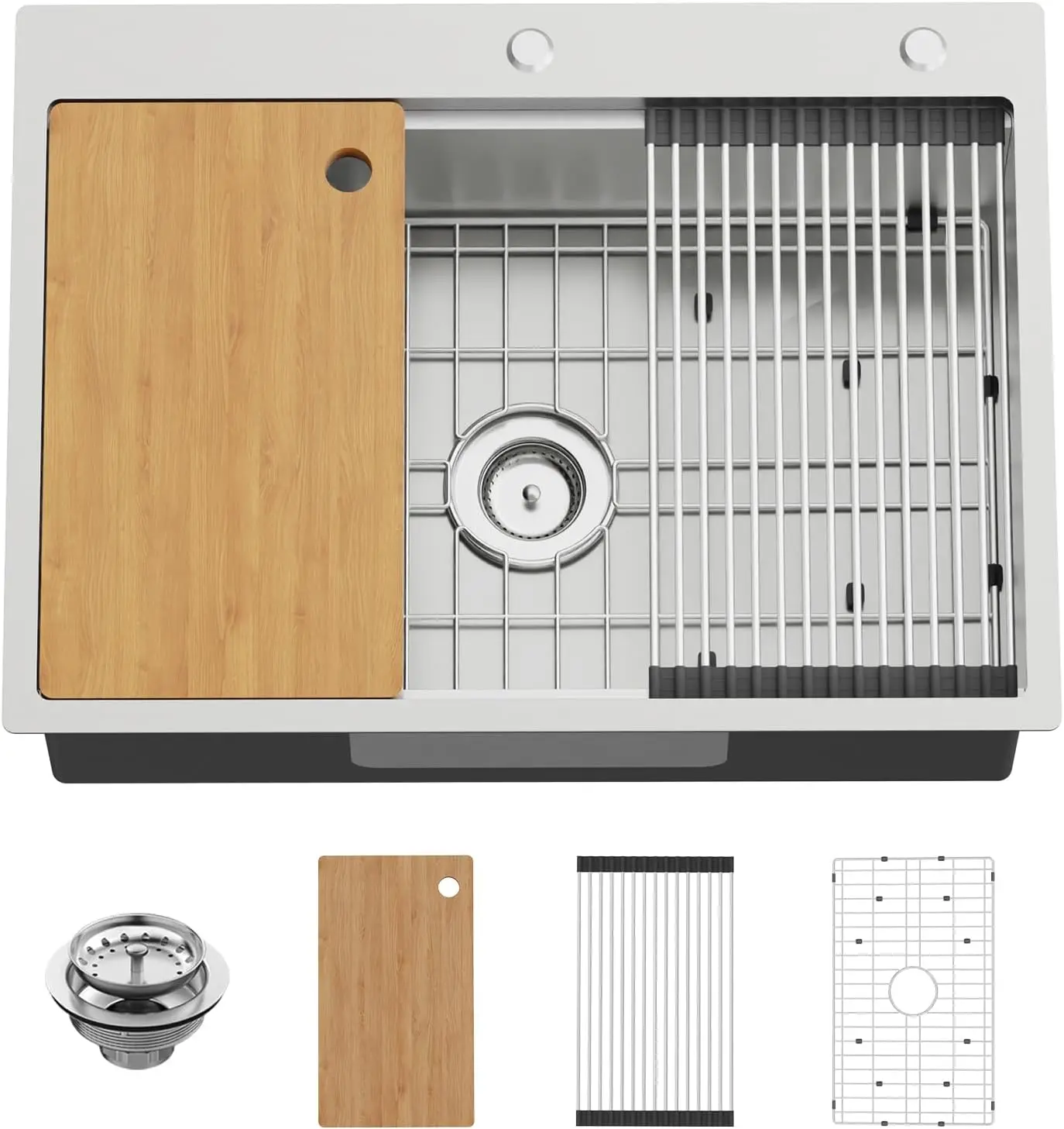 

30x22In Drop-In Kitchen Sink Workstation with Stainless Steel Top, Grid, Drying Rack, Cutting Board for Modern Kitchens