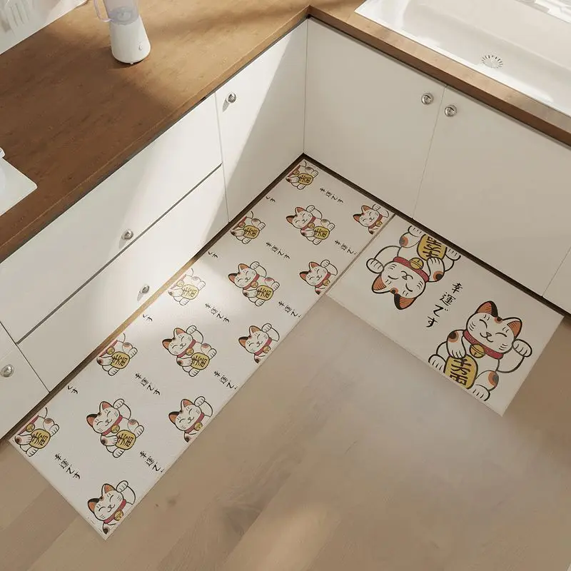 VIKAMA Plush Kitchen Mat Non-Slip Washable Cute Lucky Cat Beige Soft Kitchen Floor Mat Indoor Easy-Care Cooking Mat Home Decor