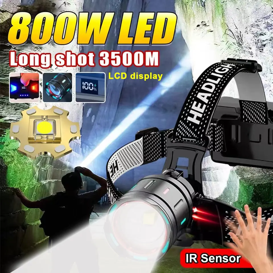 Lampu Sensor Led 9900000 Lumen 800w, dengan lampu fluoresensi, Senter Zoom Ip68 tahan air untuk berkemah, berburu