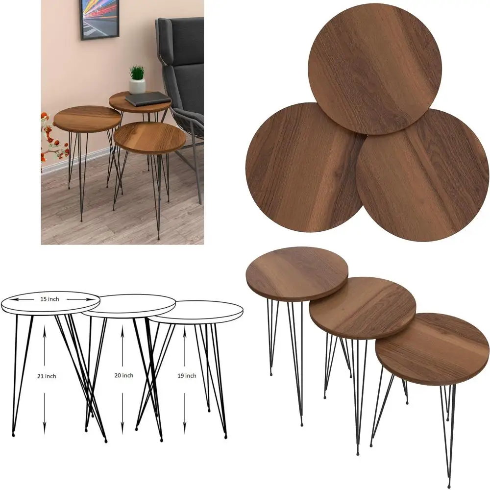

Walnut 3-Piece Nesting End Tables Set - Round Wooden Stackable Coffee Side Accent Tables with Metal Legs for Living Room and Hom