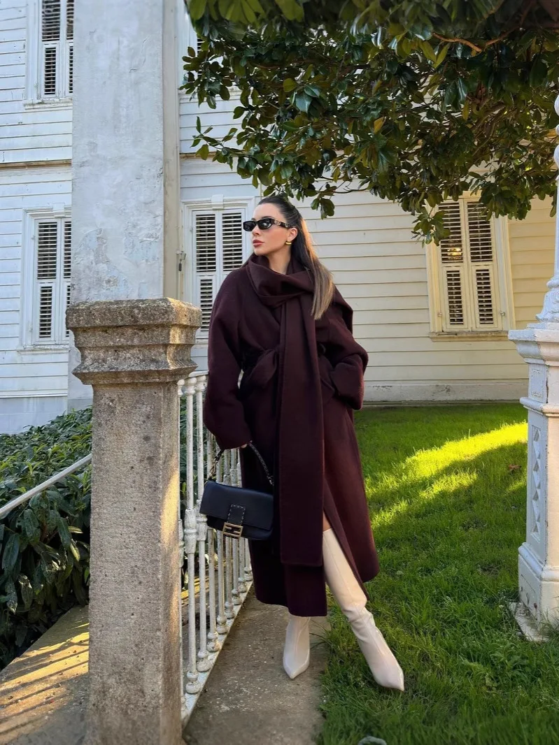 

Fashion Elegant Retro Women's Coat Solid Color Round Neck Long Sleeve Coats with Scarf Winter Windproof Casual Loose Overcoat