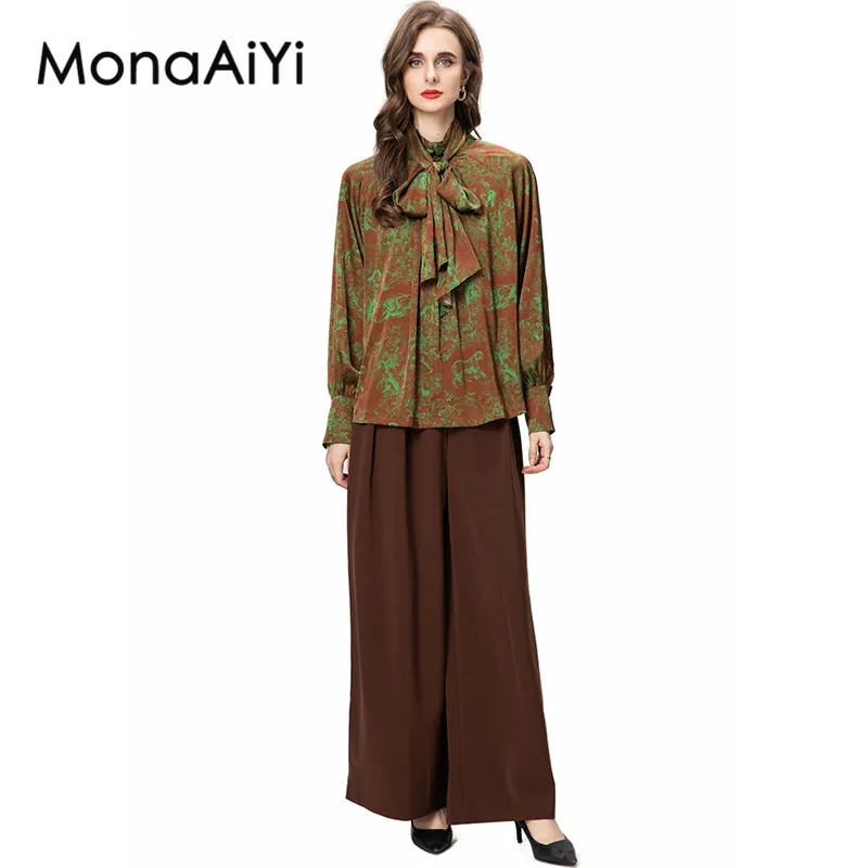 MonaAiYi Fashion Designer Suit Women's Scarf Collar Long Sleeves Special Print Tops+Scarf+Flared Trousers 3pcs Set