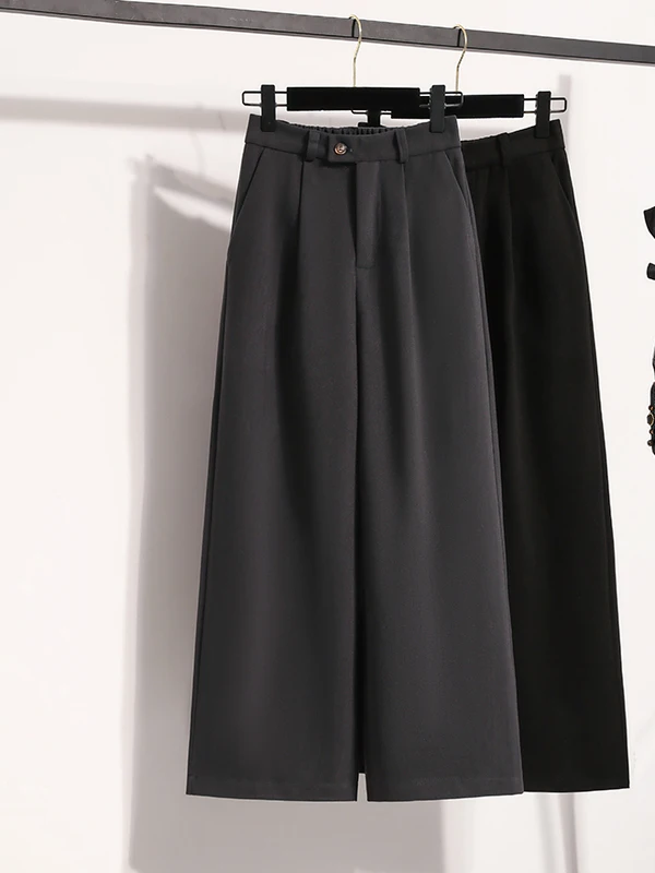 Women's High Waist Thiened Woolen Wide Leg Pants Nine Points Pure Color Slimming Small Size Casual Trousers