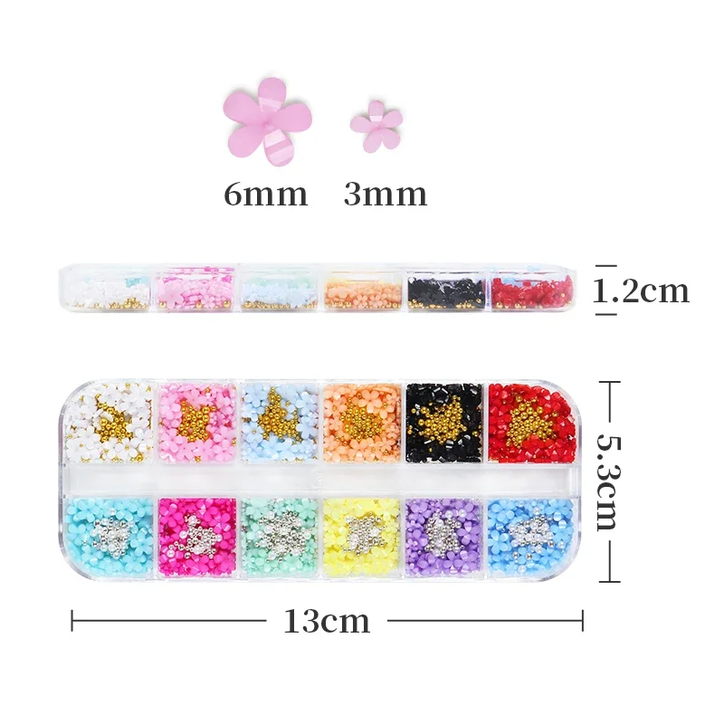 12Grids Kawaii Resin Flower Rhinestone Nail Art Charms Mixed Pearls Parts Nail Decoration Accessories Summer Manicure Supplies