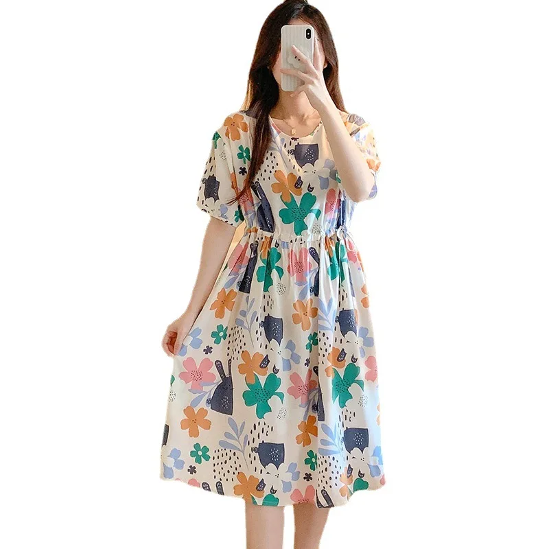 

New Fashion Nightdress Ladies' Cotton Silk Nightgown Gown Outerwear Dress Sleepwear Women Elastic Belt