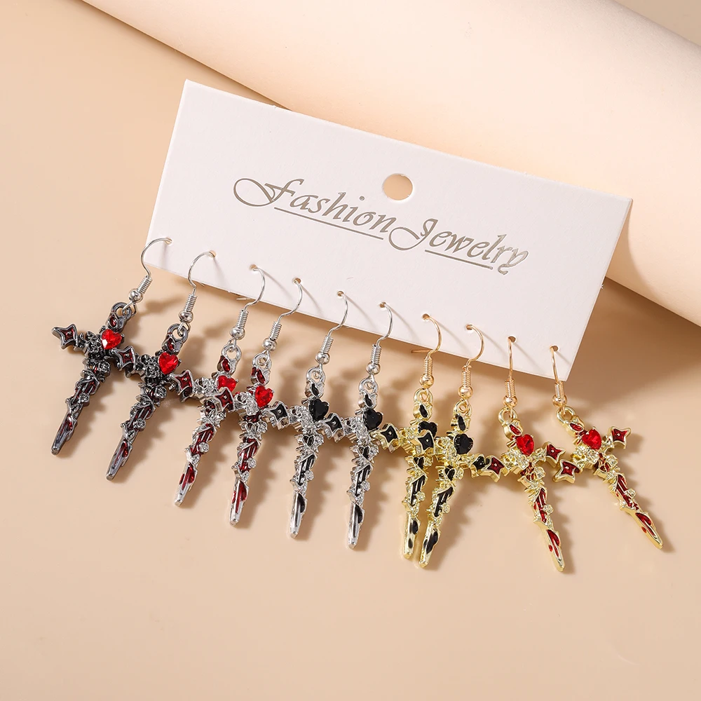 Aihua Vintage Gothic Kreuz-Ohrringe Punk Schwert Kreuz Anhänger Ohrringe Handgefertigter DIY Steampunk Kreuzschmuck Accessoires – Detail 1