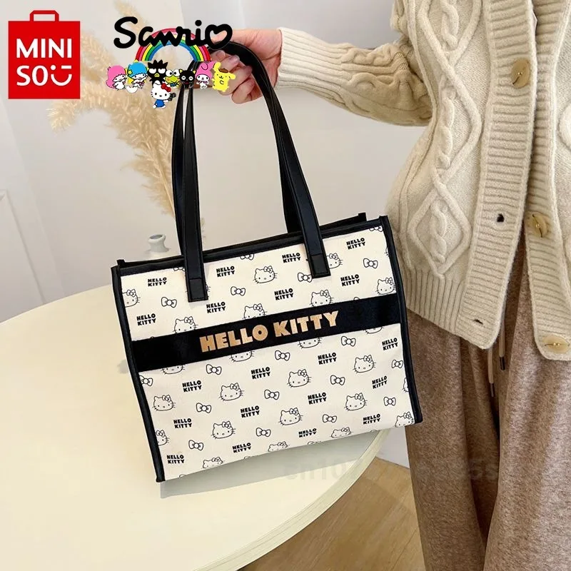 Miniso Hello Kitty New Women\'s Handbag Fashionable High Quality Canvas Shoulder Bag Cartoon Large Capacity Women\'s Shopping Bag