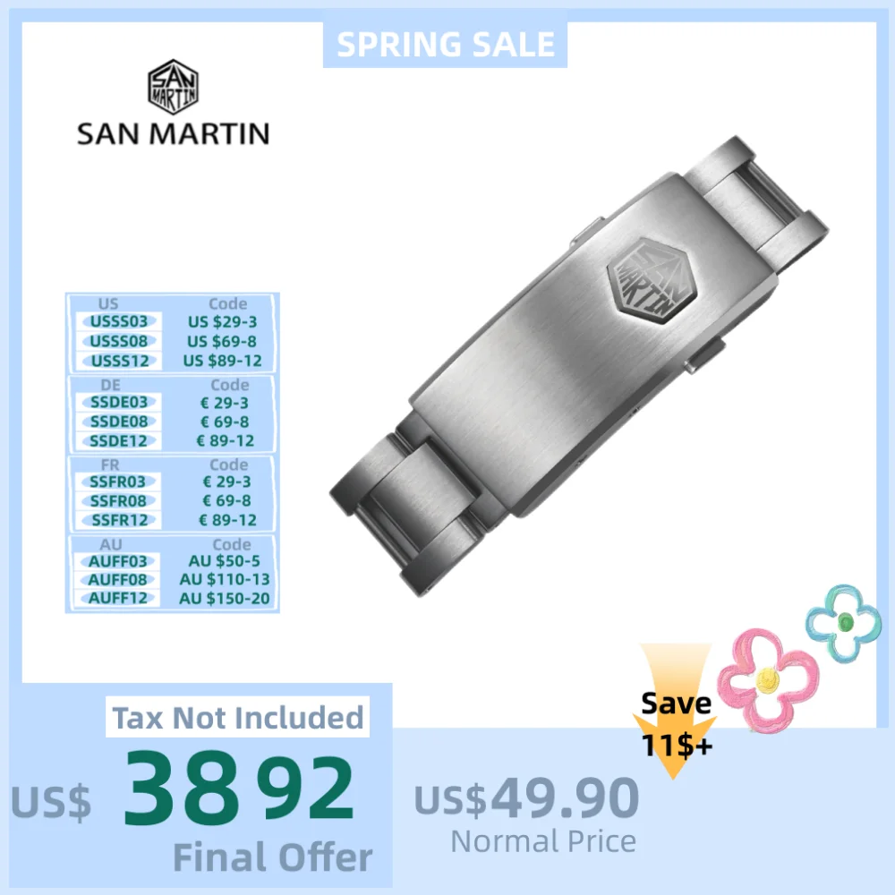 

San Martin 16mm New Fly Micro Adjust Clasp Solid 316L Stainless Steel Folding For 3-Link Watch Bracelet Buckle Quality BK1642