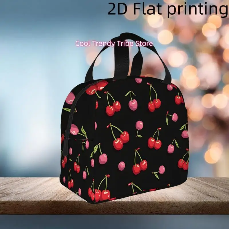 1pc, Cherry-themed Pattern with Vibrant Red and Pink Cherries on a Black Background Printed Insulated Cooler Bag - Reusable Port