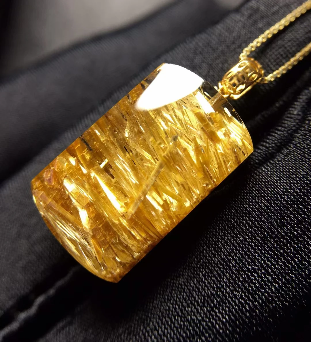 Natural Gold Rutilated Quartz Rectangle Pendant Necklace Jewelry 20.2*12.4*9.3mm Yellow Rutilated Women Men AAAAAAA