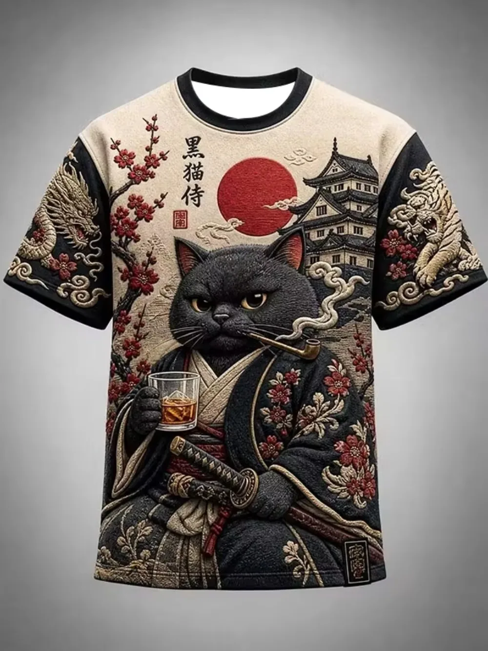 Retro Japanese Ukiyo-e Black Cat Samurai Cherry Blossoms Sports Quickdry Breath 3D Print Men T-Shirt Street Fashion Parent-child
