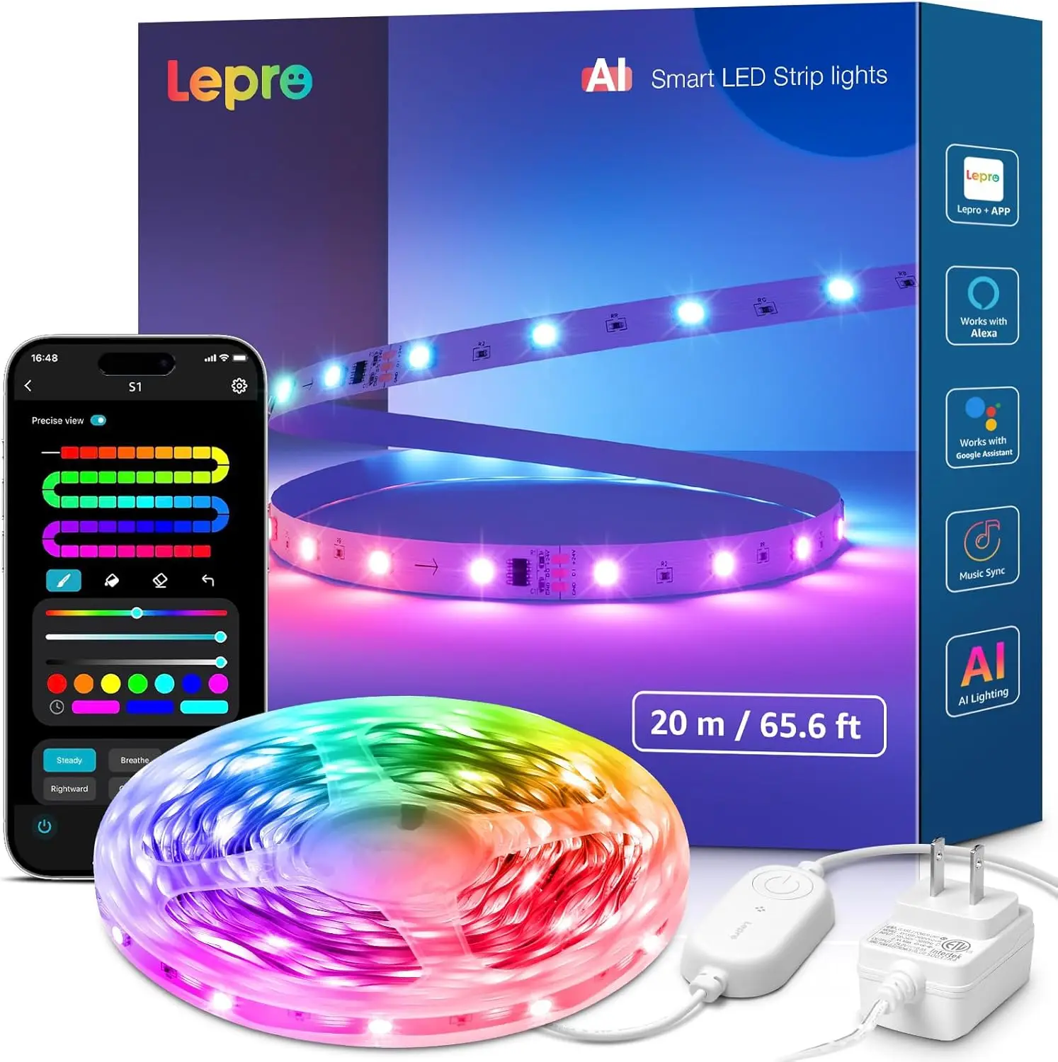 

Умные светодиодные ленты RGB длиной 65,6 футов с управлением ИИ, эффектами радуги, синхронизацией с музыкой, без необходимости использования пульта ДУ