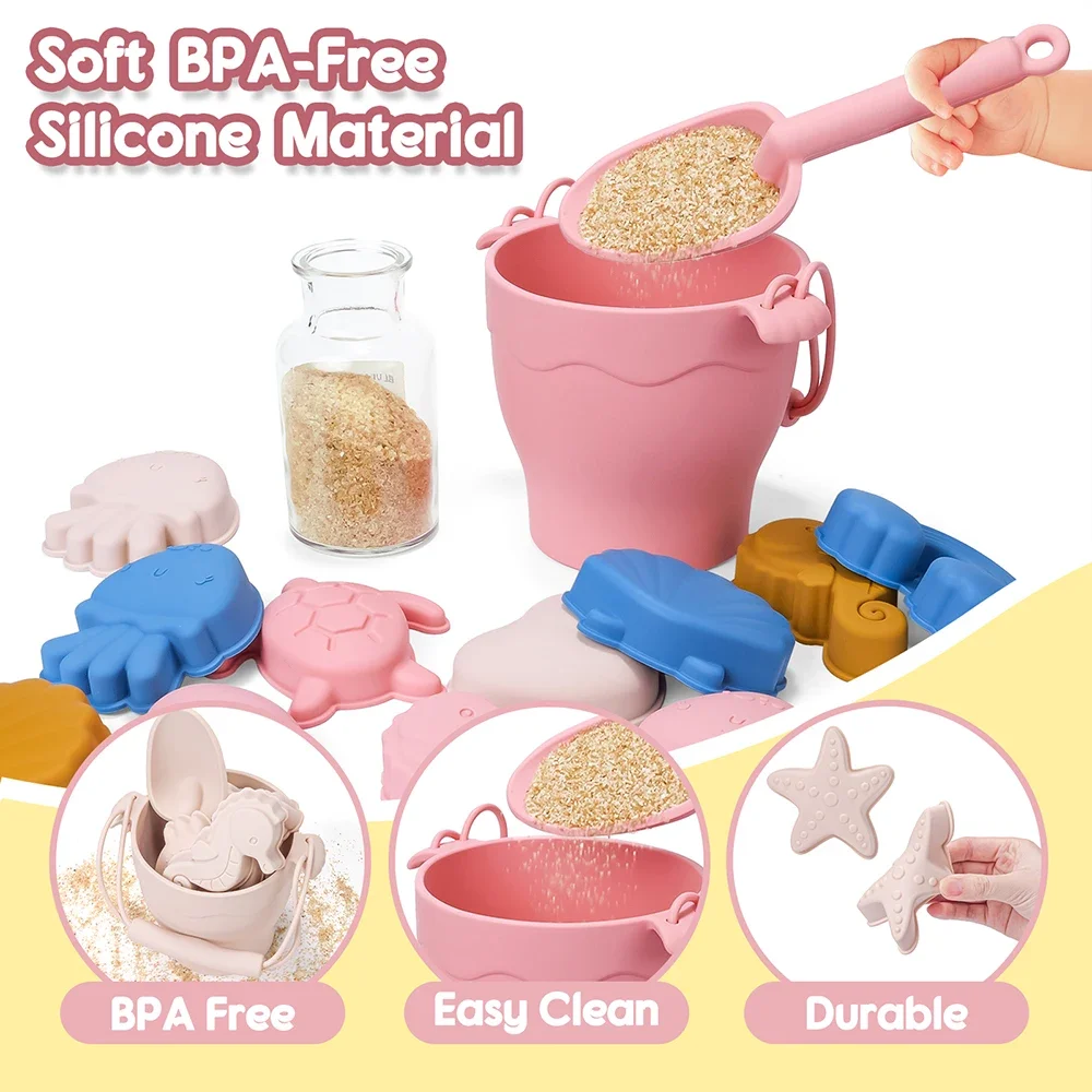 8pcs/Set Beach Toys Eco-Friendly, BPA-Free, Food-Grade Silicone - Fun Summer Outdoor Toys for Kids with Bucket & 4 Color Sand
