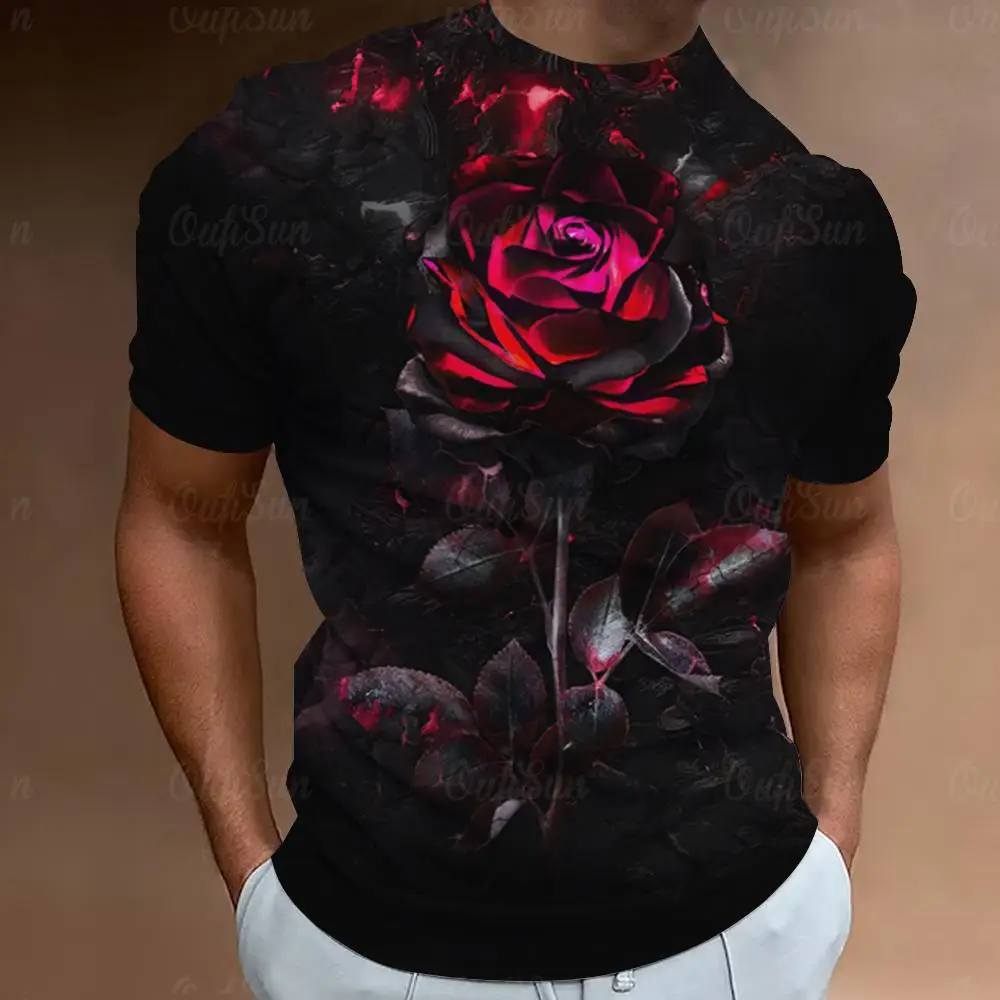 Men 3D Full Print Tee Dark Red Rose Floral Graphic Crew Neck Casual Summer Street Top