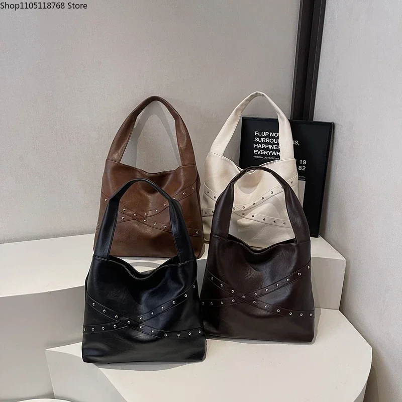 

Solid Hasp Faux Suede Rivet Shoulder Bags Fashionable Versatile Stylish Design Armpit Crossbody Bags for Women