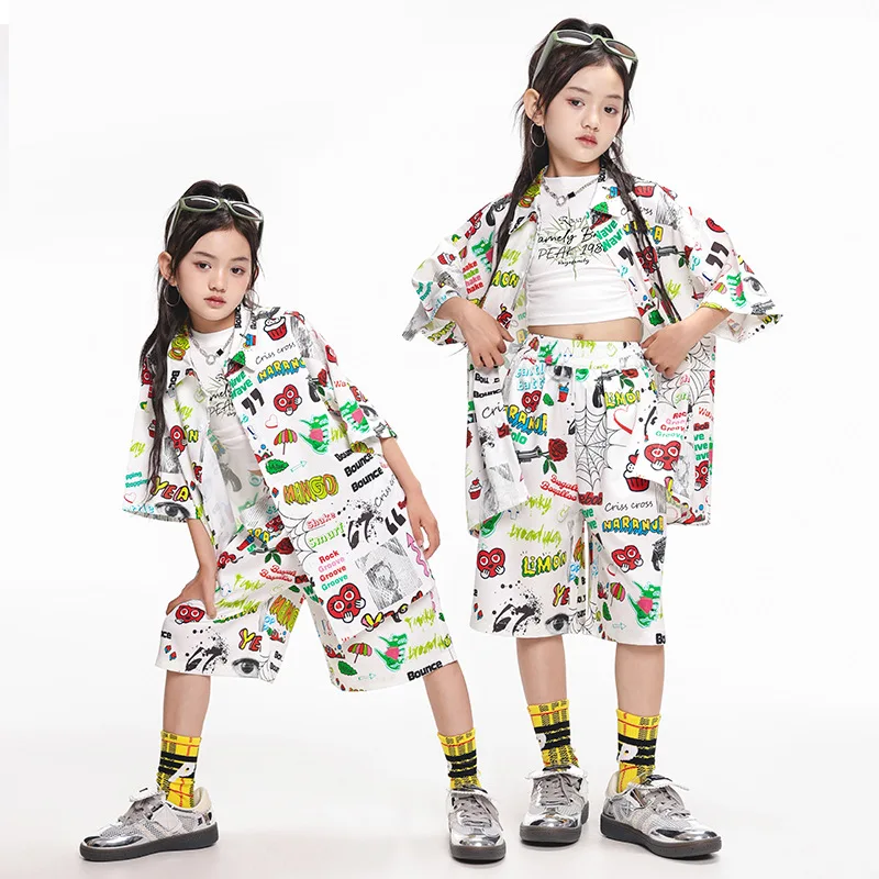 

Kid Kpop Hip Hop Clothing White Graffiti Print Short Sleeve Shirt Top Shorts Set for Girl Boy Jazz Dance Costumes Wear Clothes