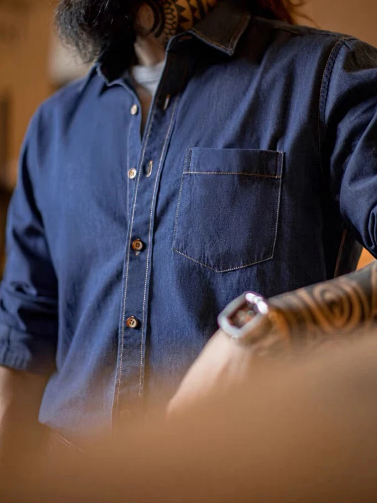 

Рубашка Maden Workwear в американском ретро-стиле, джинсовая, с одним карманом, повседневная, с длинным рукавом, приталенная, для мужчин, весенний сезон, хлопок, молодежная мода