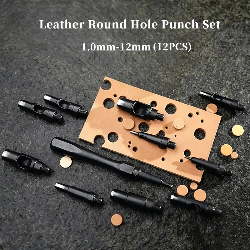 AMY ROKE Leather Round Punch Set, ASSAB Alloy Steel 1.0-12mm 12Pcs Punches Wooden Base & Handle for Belt Watch Strap DIY Craft