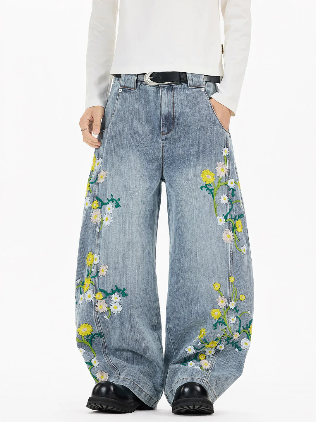 

Handmade Bead Embroidery Knife Wide Leg Jeans Loose Fit Casual Fashion Urban Style Cotton Polyester Blend Denim Jeans