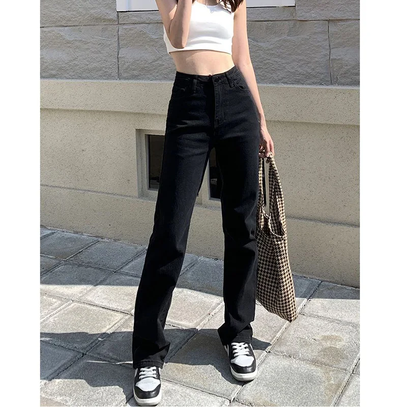 

Women Classic Black Narrow Straight Leg Jeans Girls High Waist Slim Fit Thin Pants Female Korean Casual Denim Trousers