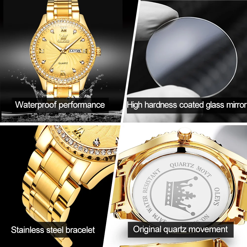 OLEVS 5565 Diamond Lap Quartz Watches for Men Golden Stainless Steel Waterproof Dual Calendar Men\'s Wrist Clock Luxury Man Watch