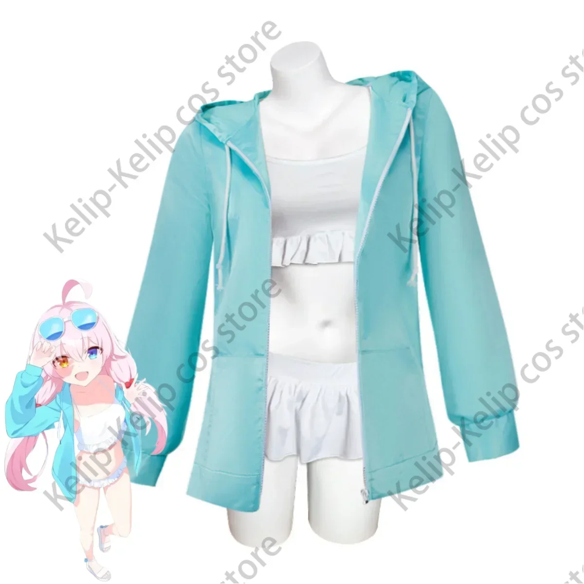 Anime Game Blue Archive Takanashi Hoshino Cosplay Costume Blue Hooded Coat White Swimsuit Bikini Wig Woman Sexy Kawaii Suit