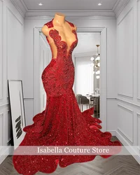 Elegant Red Long Party Dresses 2024 Diamonds Prom Dress Evening Gown Beads Crystal Rhinestones Birthday Gown Robe Customized