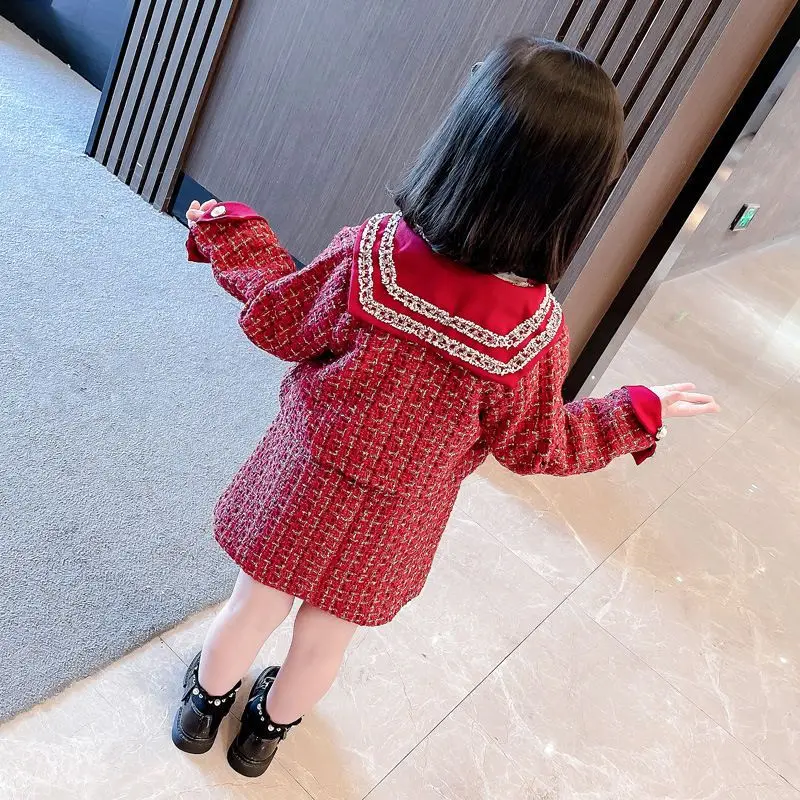 2023 Spring Girls Fashion Plaid 2pcs Suit Baby Kids Children Clothing Set Including Coat+ Skirt