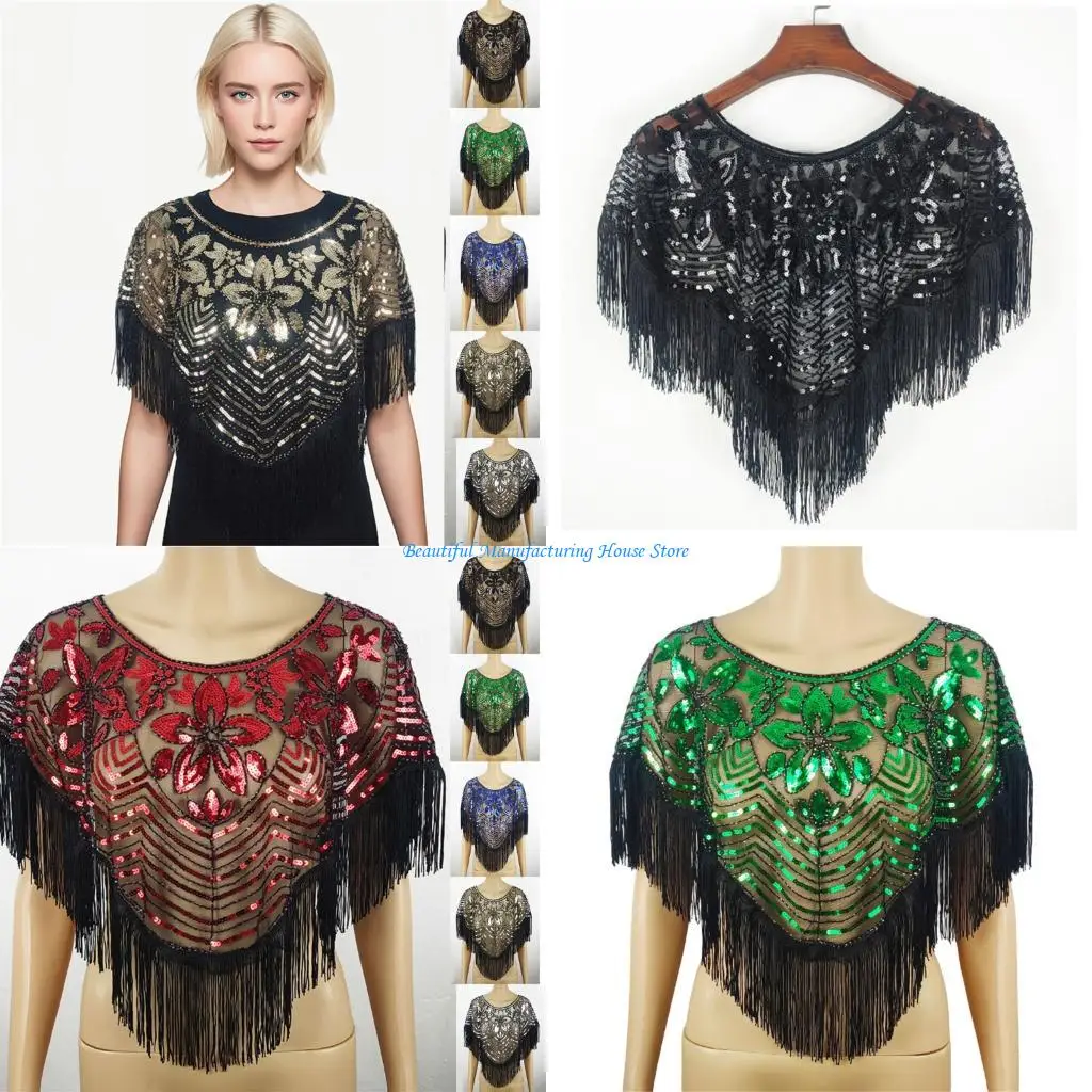 

E56A Sparkling Sequins Shawl Wrap Embroidery Beaded Shoulder Covers for Special Event