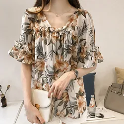 Women Summer Casual Tops Chiffon Off-the-shoulder V-neck Loose Fashion Puff Sleeves Printed Ruffle Top Elegant Ladies shirts