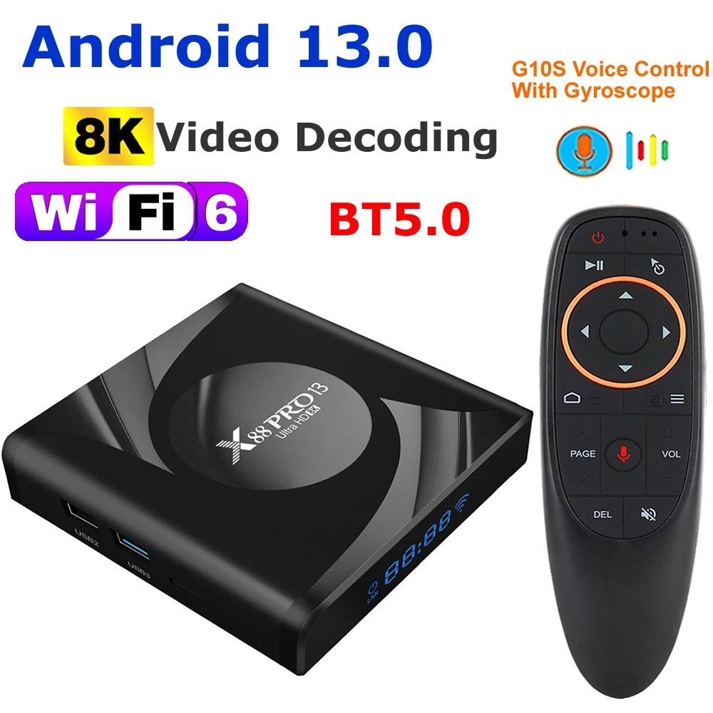 

X88 Pro 13 Android 13.0 TV Box Rockchip RK3528 4GB 128GB 64GB 32GB Support 8K Video Decoding USB3.0 Wifi6 BT5.0 Media Player