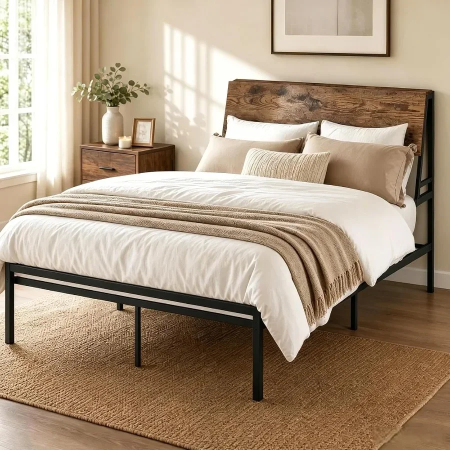 Queen Metal Bed Frame with Wood Headboard, Quiet Support and Easy to Setup