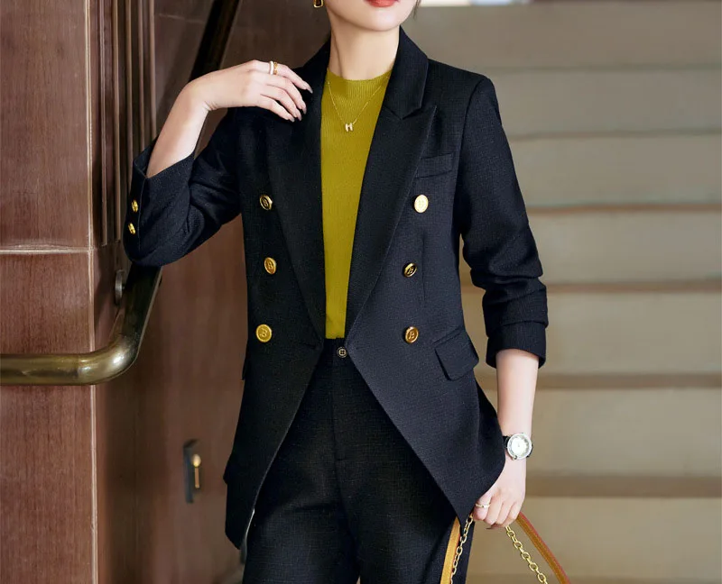 Tesco-Blazer de bureau élégant pour femme, veste et pantalon formels, tenues décontractées pour femme, chic, monochromatique, imbibé, automne, 2 pièces