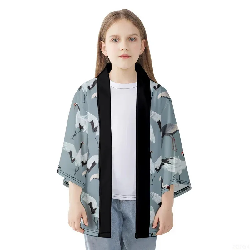 Crane Kimono Robe Women's Printed Haori Cardigan, Spring Beach Half Sleeved Cardigan Top