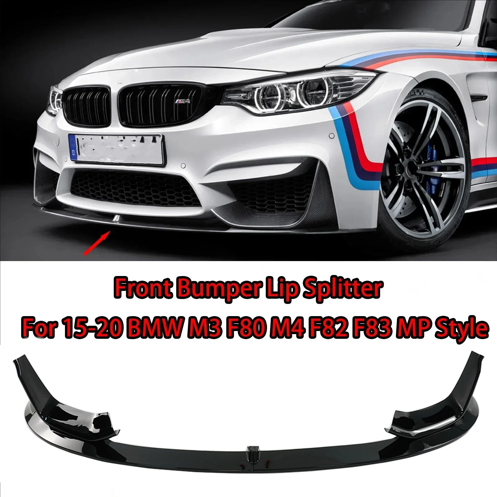 For 2015-2020 BMW M3 F80 M4 F82 F83 MP Style Car Front Bumper Lip Splitter+Side Splitter Coner Carbon Fiber Glossy Black