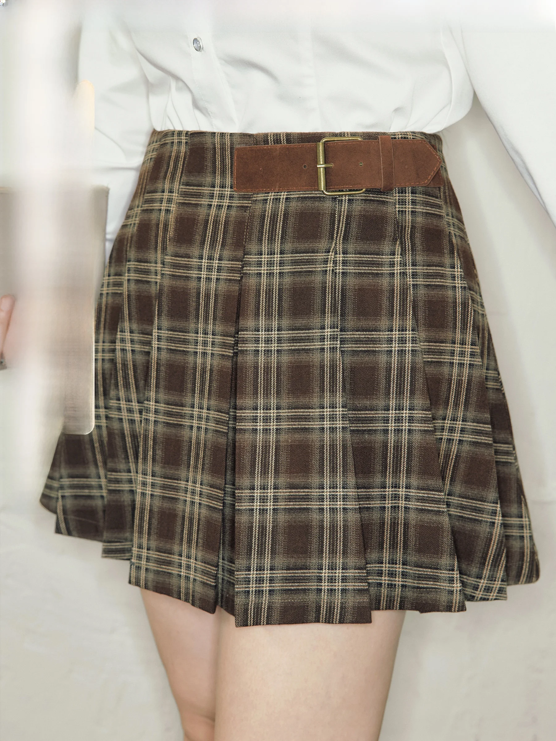 

Юбка из замши в клетку Jiu Workop "Falling Leaves Avenue" больших размеров, плиссированная, в студенческом стиле, короткая