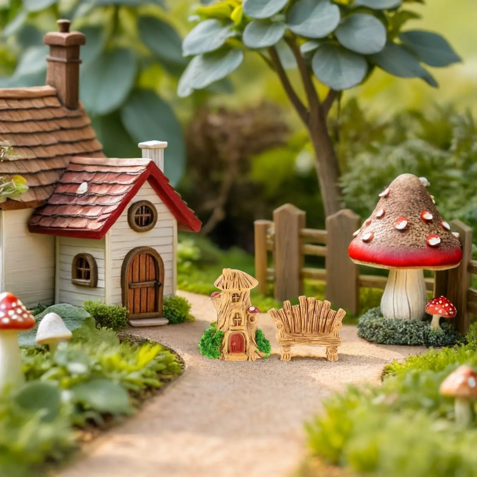 9Pcs Miniature House Decoration Resin Rustic Tree Stump Houses Mini Chairs Mailbox Village Scene Accessories for Desk Bookshelf