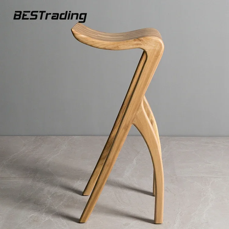 Sgabello da bar di design moderno di lusso nordico OEM, sgabello alto imbottito in tessuto di legno massello naturale