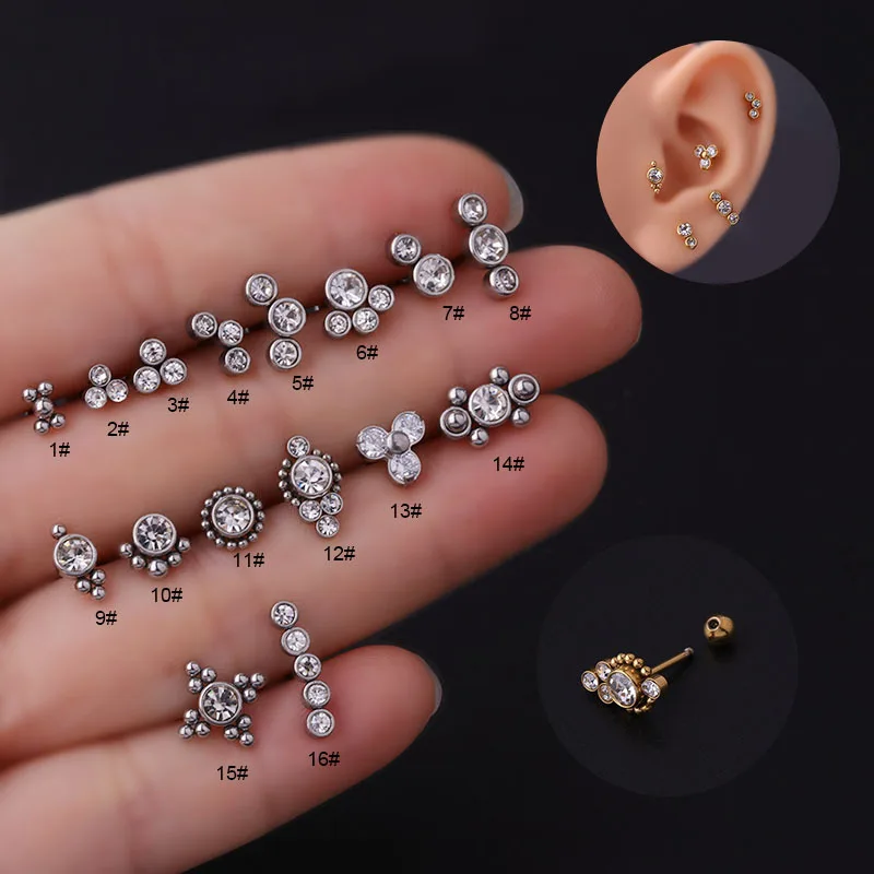 1PC Crystal Flower Tragus Piercing Earring Flat 16G Cartilage Piercing Helix Jewelry Daith Conch Rook Lobe Earring Labret Stud