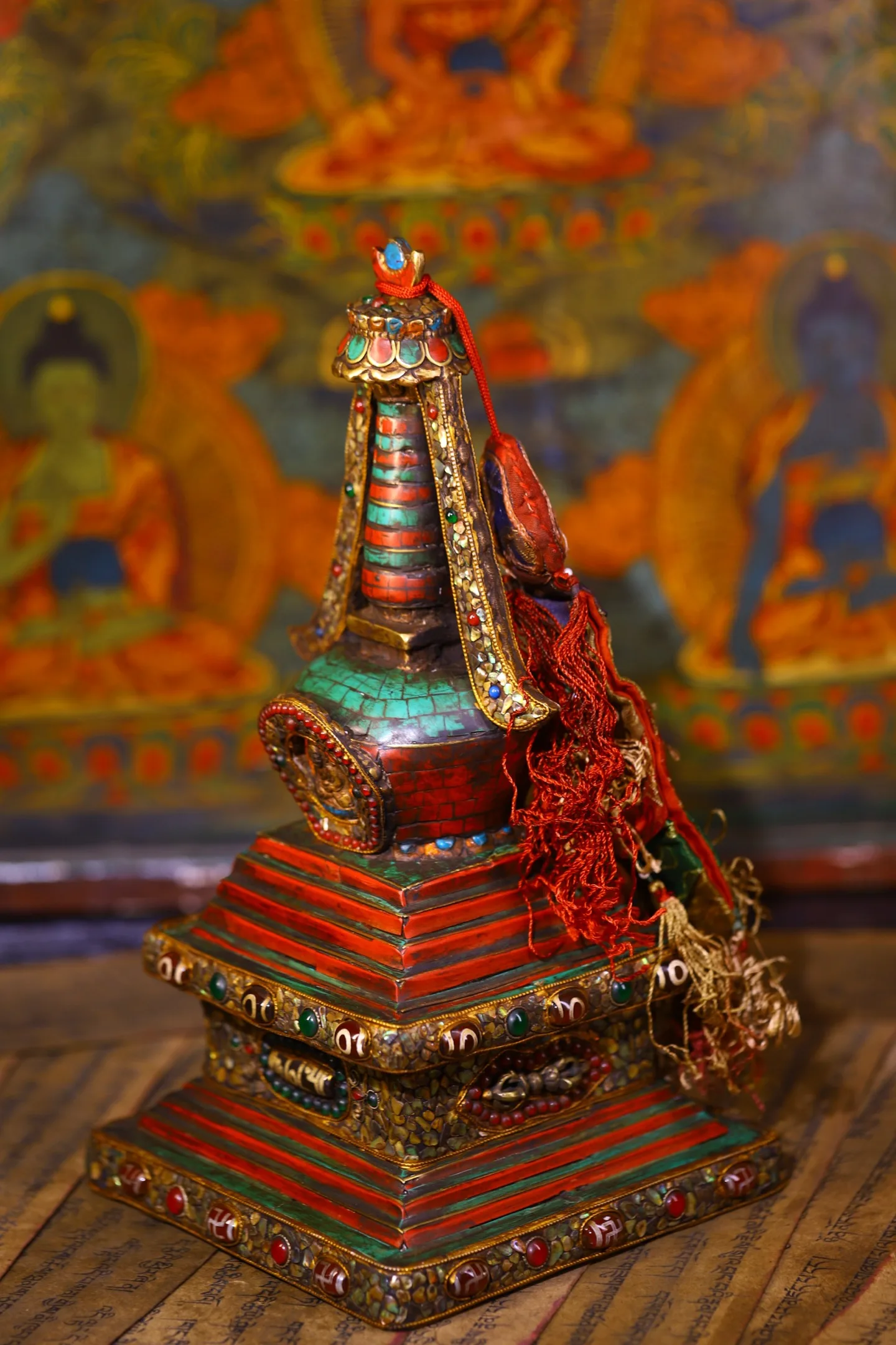 

11"Tibetan Temple Collection Old Bronze Painted Mosaic Gem gZi Beads Turquoise Shell Shakyamuni Buddha Pagoda Stupa Worship Hall
