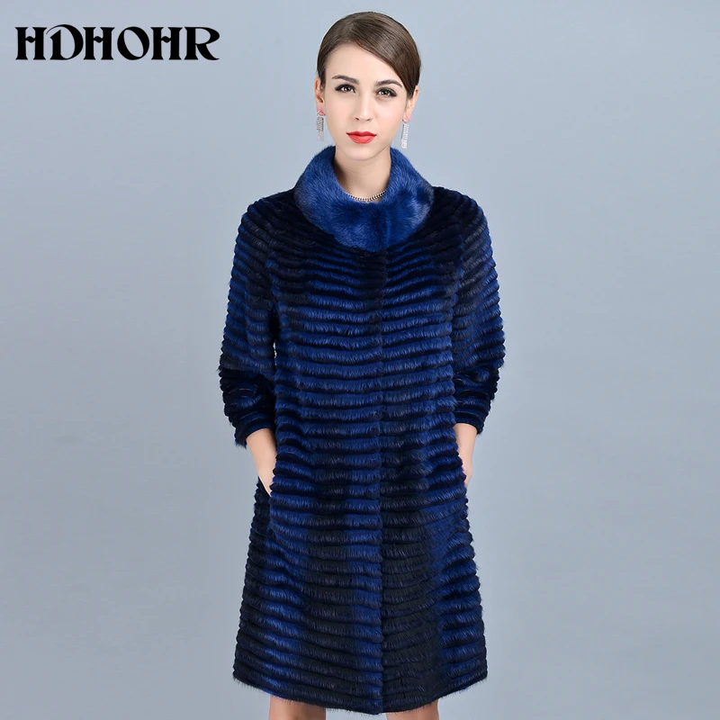 HDHOHR 2024 Hot Real Mink Fur Coat Women Natural Kintted Mink Fur Coats  Long Strip Warm Jackets Lady Full Length Real Fur Coat