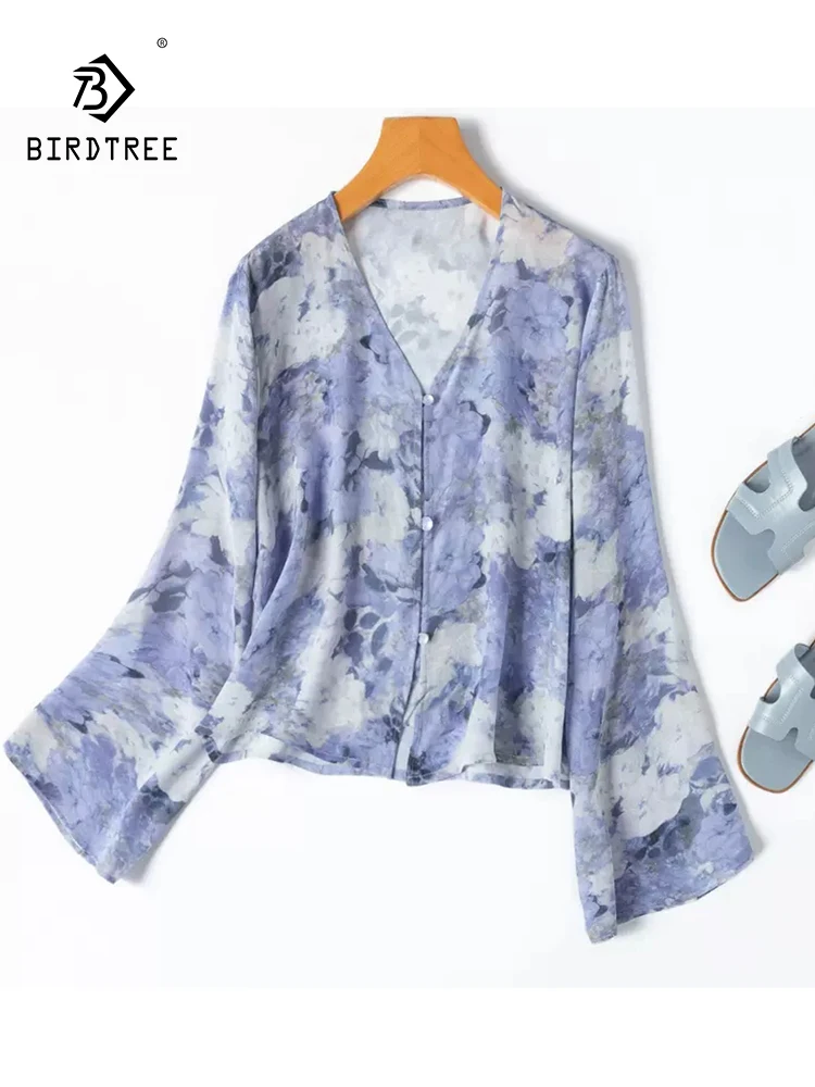 

BirdTree, 100%Real Silk Elegant Shirt, Women Long Sleeve V Neck Floral, French OL Sunscreen Blouse, 2024 Summer Autumn T46819QC