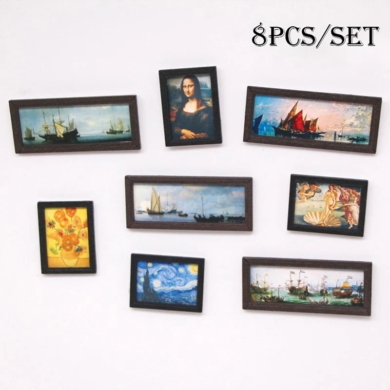 8Pcs/Set 1:12 Dollhouse Miniature Vintage Oil Painting Mural Photos Wall Picture Scene Decor Doll House Accessories