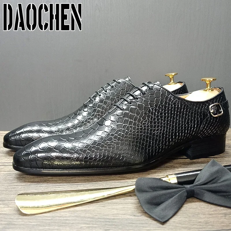 Luxury Men\'s Oxford Shoes Black Brown Snake Skin Print Casual Dress Man Shoes Lace Up Pointed Toe Leather Shoes For Men