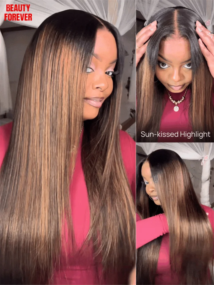 

Beautyforever 13x4 Pre-Everything Yaki Straight Hair Highlight Balayage Lace Front Shadow Root Wig Put on and Go Human Hair Wig