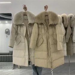 Jaqueta puffer de comprimento médio feminina, sobretudo na moda coreana, colarinho de pele grande raposa, cintura de lapela, 90 pato branco para baixo, casacos de inverno